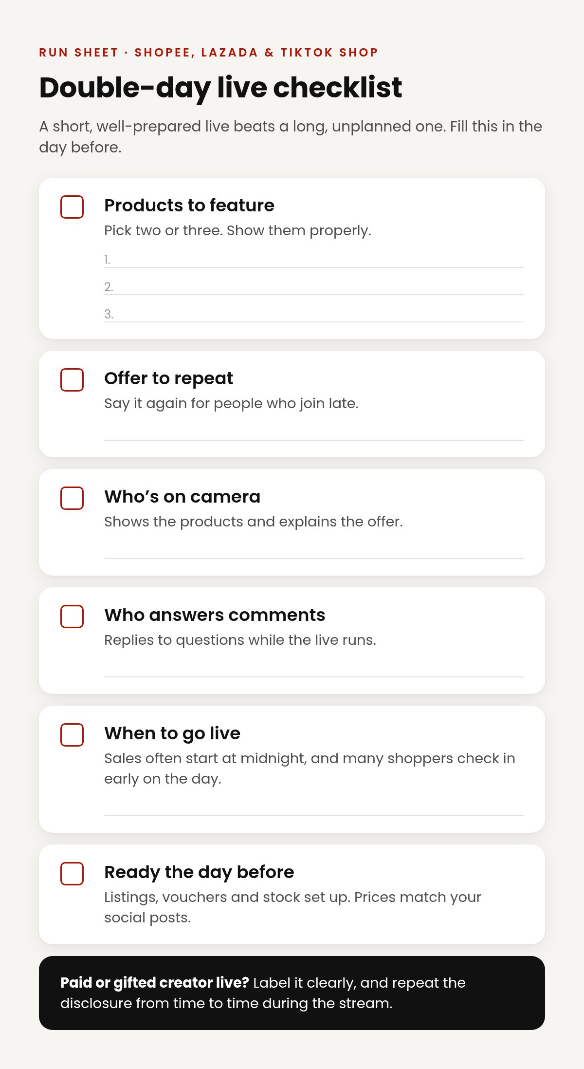 Double-day live checklist: products to feature, offer to repeat, who is on camera, who answers comments, when to go live, and what to have ready the day before.